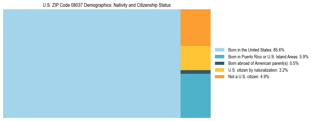 Treemap showing the population distribution by nativity and citizenship status in US ZIP Code 08037 based on U.S. Census data.