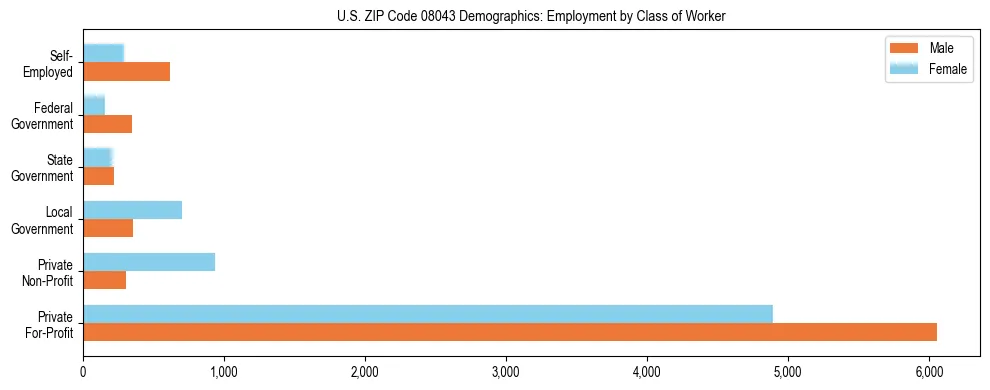 Horizontal bar chart showing employment distribution by class of worker and gender in US ZIP Code 08043, based on 2023 ACS data.