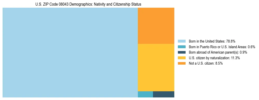 Treemap showing the population distribution by nativity and citizenship status in US ZIP Code 08043 based on U.S. Census data.