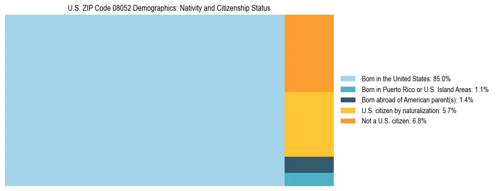Treemap showing the population distribution by nativity and citizenship status in US ZIP Code 08052 based on U.S. Census data.
