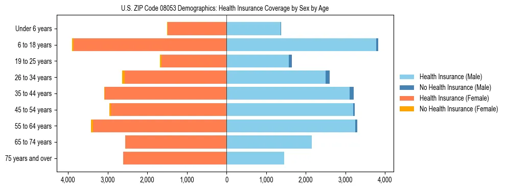 Pyramid chart showing health insurance coverage by age and sex in US ZIP Code 08053.