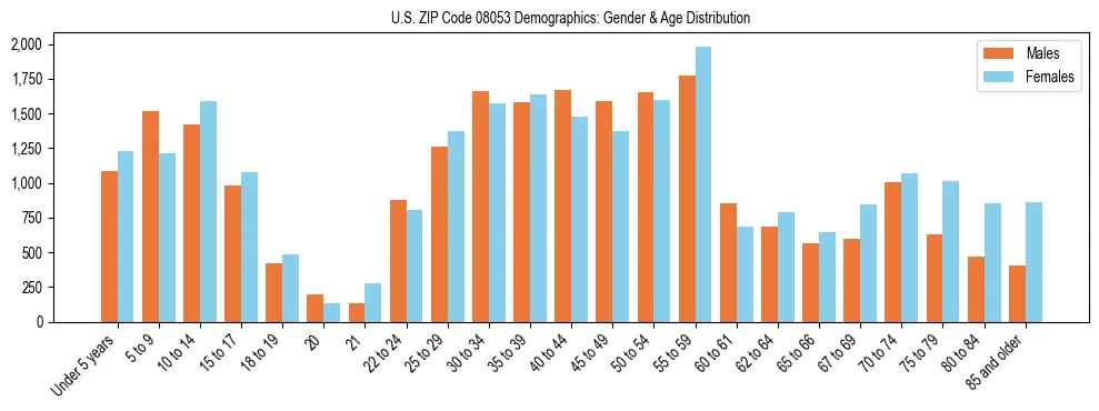 Bar chart showing the population distribution of US ZIP Code 08053 by age group and gender, based on 2023 ACS data.