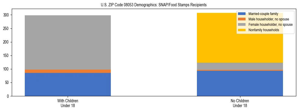 Stacked bar chart showing SNAP/Food Stamps recipient household composition by presence of children under 18 in US ZIP Code 08053, based on 2023 ACS data.