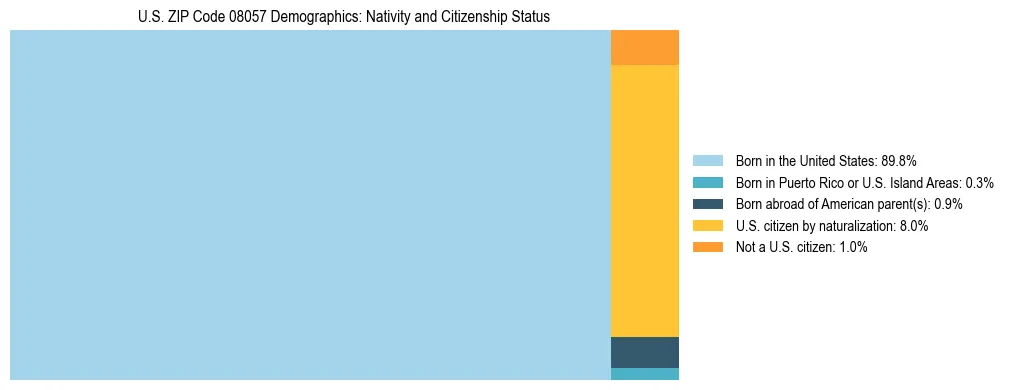 Treemap showing the population distribution by nativity and citizenship status in US ZIP Code 08057 based on U.S. Census data.
