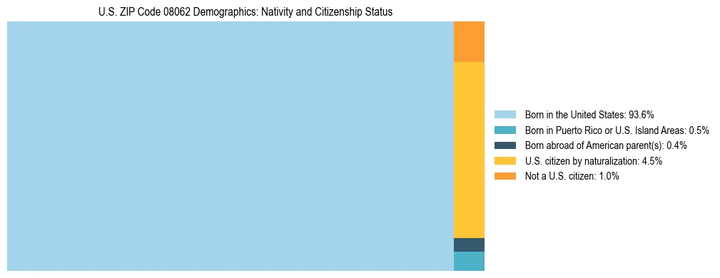 Treemap showing the population distribution by nativity and citizenship status in US ZIP Code 08062 based on U.S. Census data.