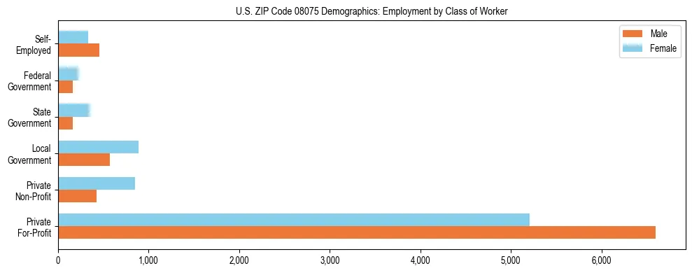 Horizontal bar chart showing employment distribution by class of worker and gender in US ZIP Code 08075, based on 2023 ACS data.