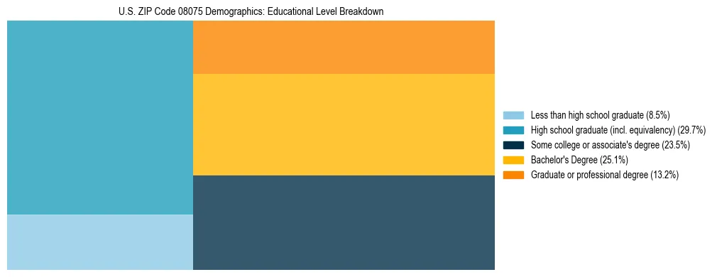 Treemap chart illustrating the educational attainment breakdown for population 25 years and over in US ZIP Code 08075.
