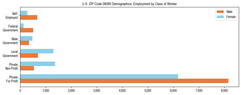 Horizontal bar chart showing employment distribution by class of worker and gender in US ZIP Code 08080, based on 2023 ACS data.