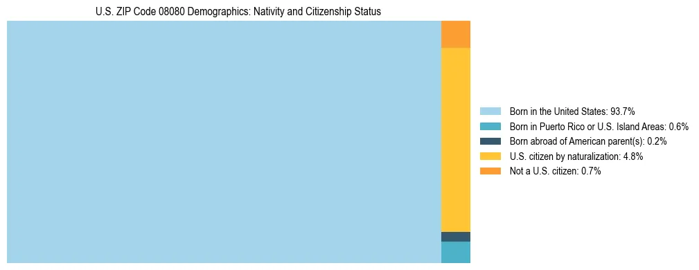 Treemap showing the population distribution by nativity and citizenship status in US ZIP Code 08080 based on U.S. Census data.