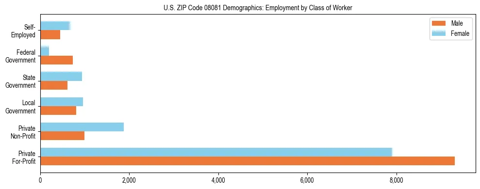 Horizontal bar chart showing employment distribution by class of worker and gender in US ZIP Code 08081, based on 2023 ACS data.
