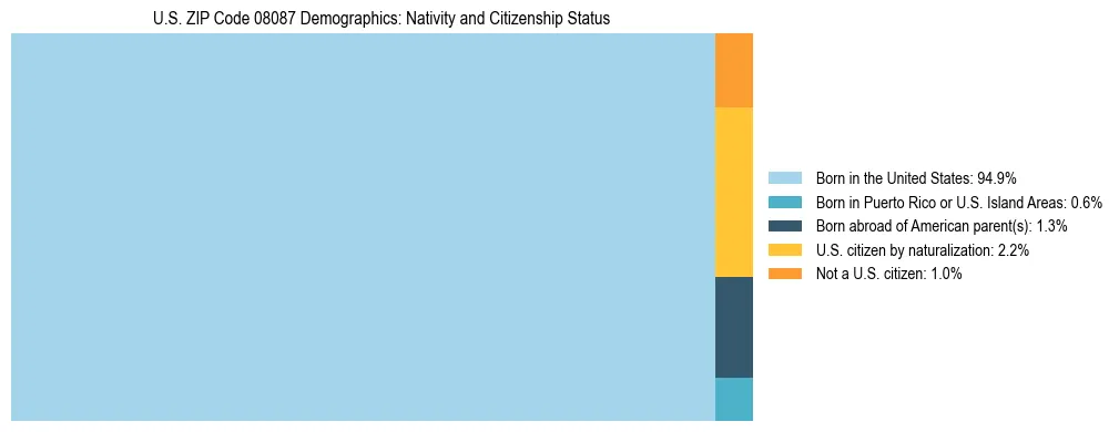 Treemap showing the population distribution by nativity and citizenship status in US ZIP Code 08087 based on U.S. Census data.
