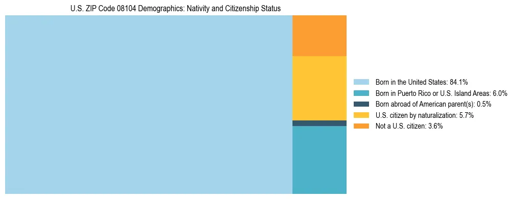 Treemap showing the population distribution by nativity and citizenship status in US ZIP Code 08104 based on U.S. Census data.