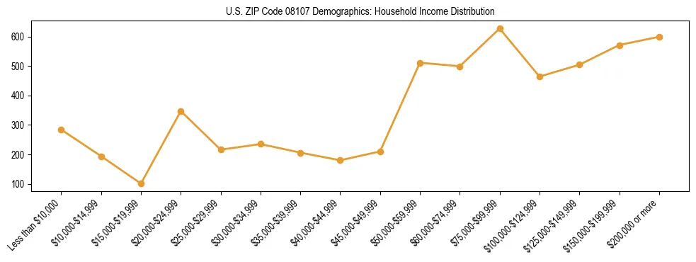 Horizontal bar chart showing household income distribution in US ZIP Code 08107.