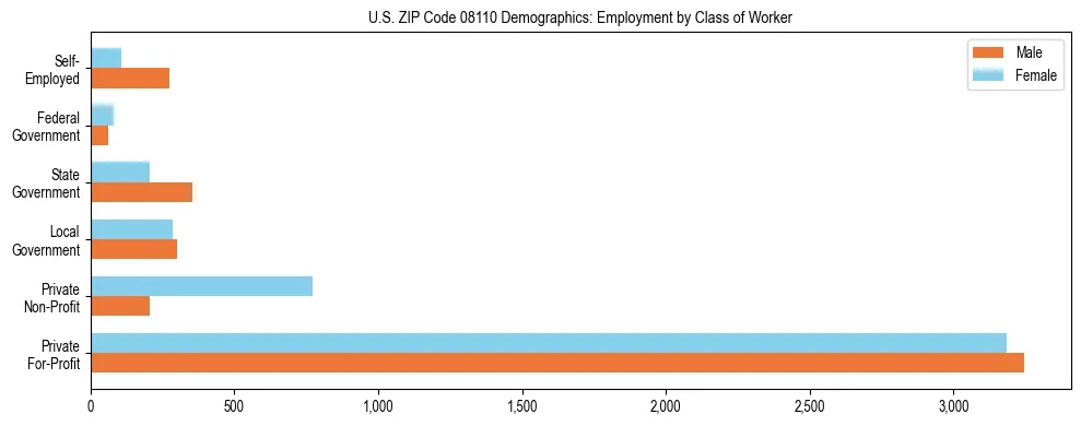 Horizontal bar chart showing employment distribution by class of worker and gender in US ZIP Code 08110, based on 2023 ACS data.