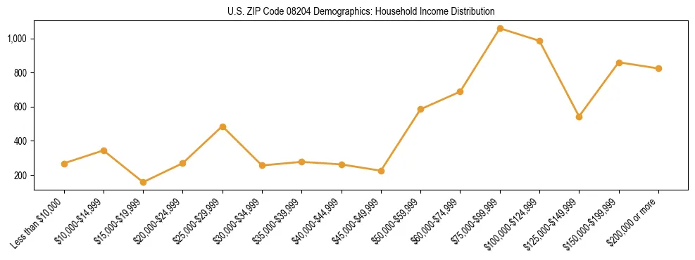 Horizontal bar chart showing household income distribution in US ZIP Code 08204.