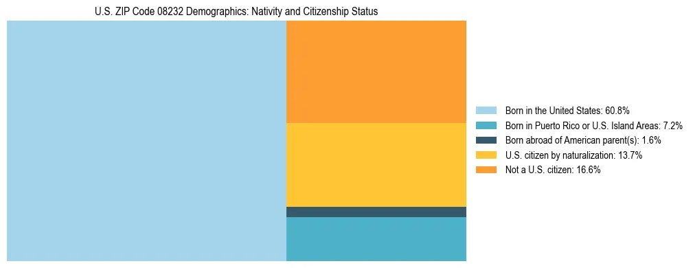 Treemap showing the population distribution by nativity and citizenship status in US ZIP Code 08232 based on U.S. Census data.