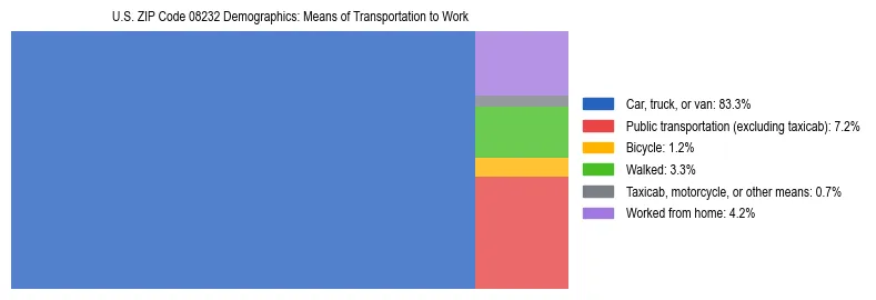 Treemap showing means of transportation to work distribution in US ZIP Code 08232.