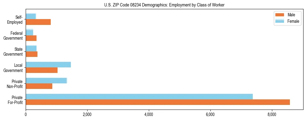 Horizontal bar chart showing employment distribution by class of worker and gender in US ZIP Code 08234, based on 2023 ACS data.