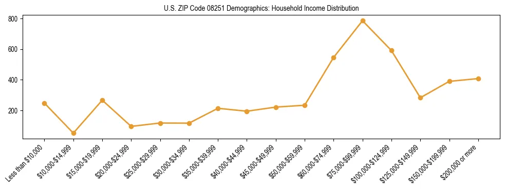 Horizontal bar chart showing household income distribution in US ZIP Code 08251.