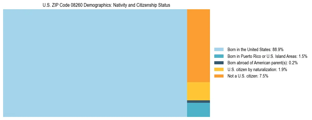 Treemap showing the population distribution by nativity and citizenship status in US ZIP Code 08260 based on U.S. Census data.
