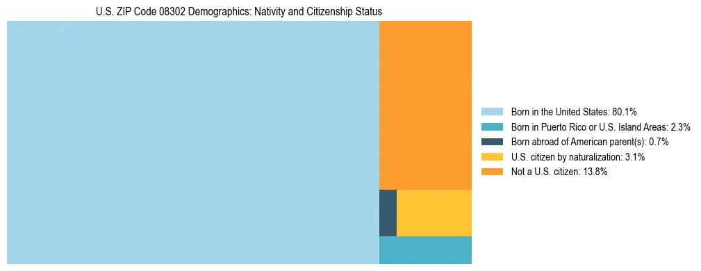 Treemap showing the population distribution by nativity and citizenship status in US ZIP Code 08302 based on U.S. Census data.