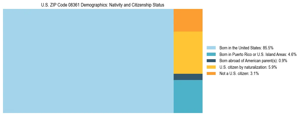 Treemap showing the population distribution by nativity and citizenship status in US ZIP Code 08361 based on U.S. Census data.