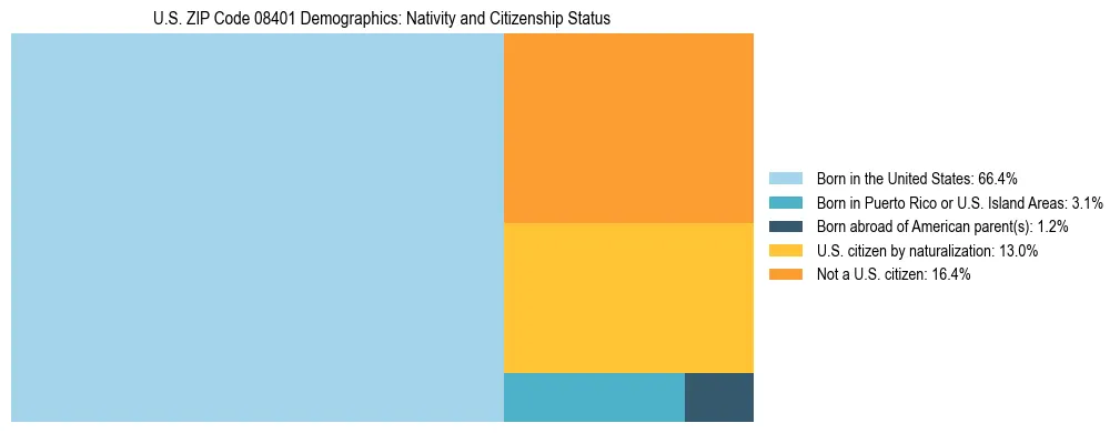 Treemap showing the population distribution by nativity and citizenship status in US ZIP Code 08401 based on U.S. Census data.