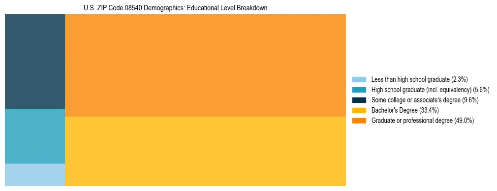 Treemap chart illustrating the educational attainment breakdown for population 25 years and over in US ZIP Code 08540.