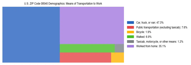 Treemap showing means of transportation to work distribution in US ZIP Code 08540.