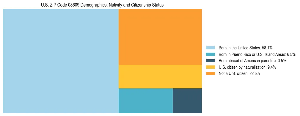Treemap showing the population distribution by nativity and citizenship status in US ZIP Code 08609 based on U.S. Census data.