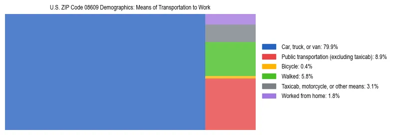 Treemap showing means of transportation to work distribution in US ZIP Code 08609.