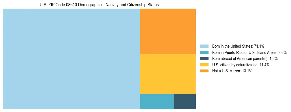 Treemap showing the population distribution by nativity and citizenship status in US ZIP Code 08610 based on U.S. Census data.