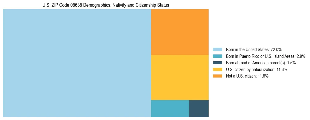 Treemap showing the population distribution by nativity and citizenship status in US ZIP Code 08638 based on U.S. Census data.