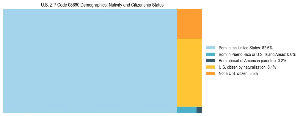 Treemap showing the population distribution by nativity and citizenship status in US ZIP Code 08690 based on U.S. Census data.