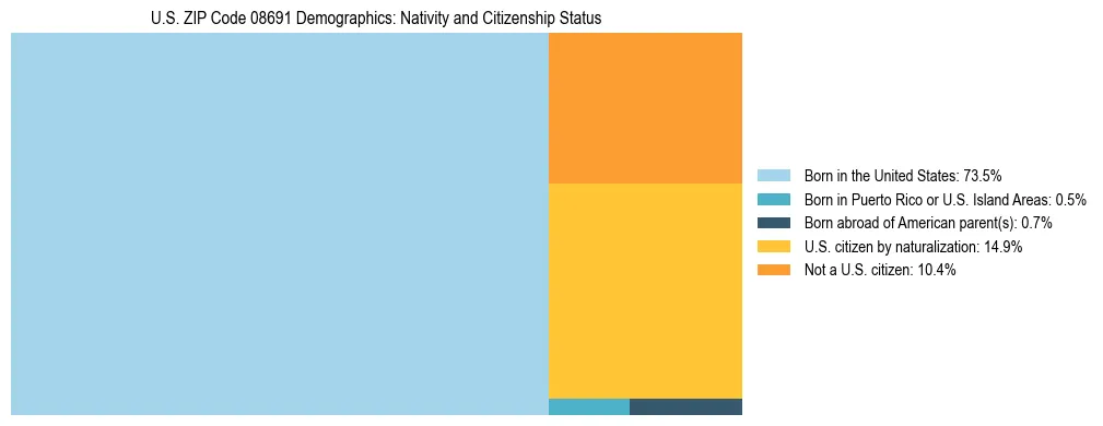 Treemap showing the population distribution by nativity and citizenship status in US ZIP Code 08691 based on U.S. Census data.