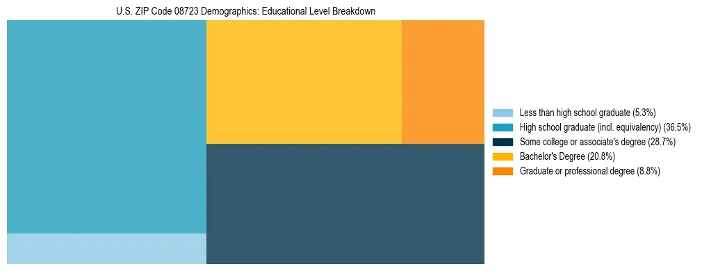 Treemap chart illustrating the educational attainment breakdown for population 25 years and over in US ZIP Code 08723.