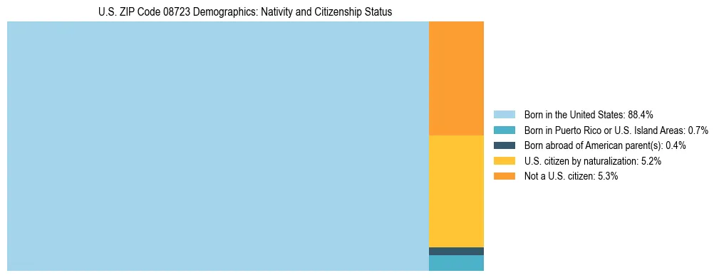 Treemap showing the population distribution by nativity and citizenship status in US ZIP Code 08723 based on U.S. Census data.