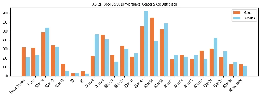 Bar chart showing the population distribution of US ZIP Code 08736 by age group and gender, based on 2023 ACS data.