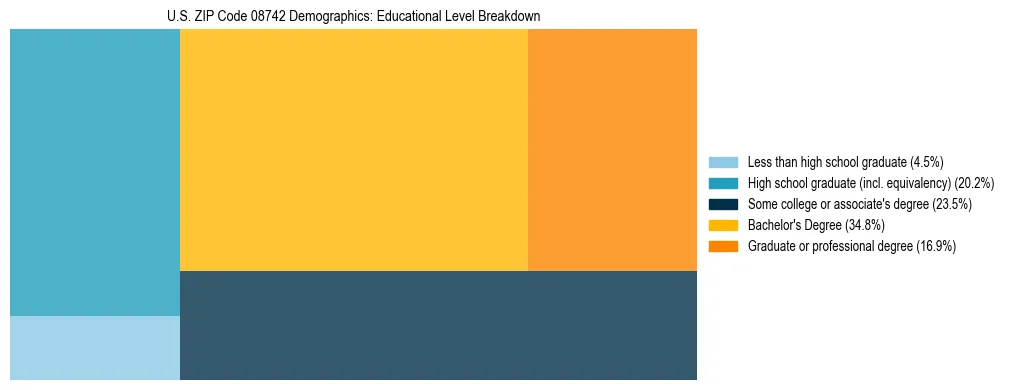 Treemap chart illustrating the educational attainment breakdown for population 25 years and over in US ZIP Code 08742.