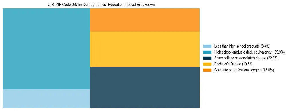 Treemap chart illustrating the educational attainment breakdown for population 25 years and over in US ZIP Code 08755.