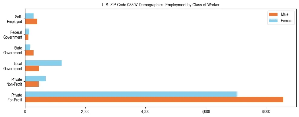 Horizontal bar chart showing employment distribution by class of worker and gender in US ZIP Code 08807, based on 2023 ACS data.