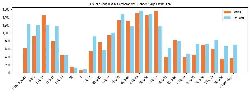 Bar chart showing the population distribution of US ZIP Code 08807 by age group and gender, based on 2023 ACS data.