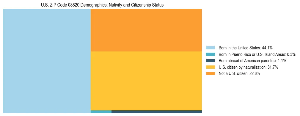 Treemap showing the population distribution by nativity and citizenship status in US ZIP Code 08820 based on U.S. Census data.