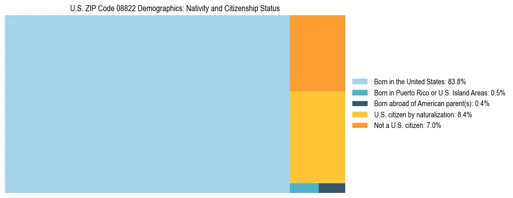 Treemap showing the population distribution by nativity and citizenship status in US ZIP Code 08822 based on U.S. Census data.