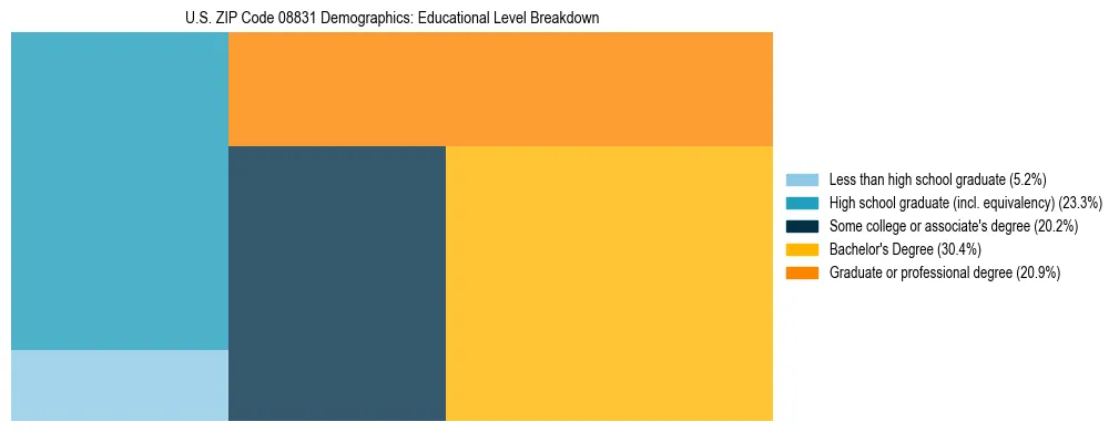 Treemap chart illustrating the educational attainment breakdown for population 25 years and over in US ZIP Code 08831.
