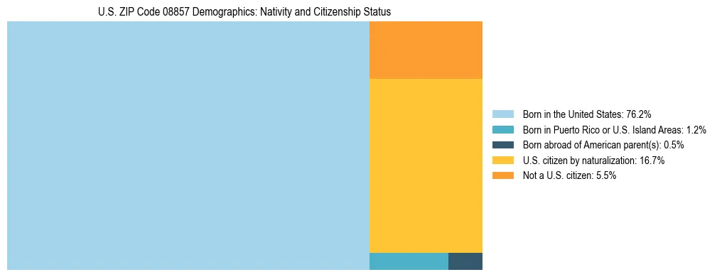 Treemap showing the population distribution by nativity and citizenship status in US ZIP Code 08857 based on U.S. Census data.