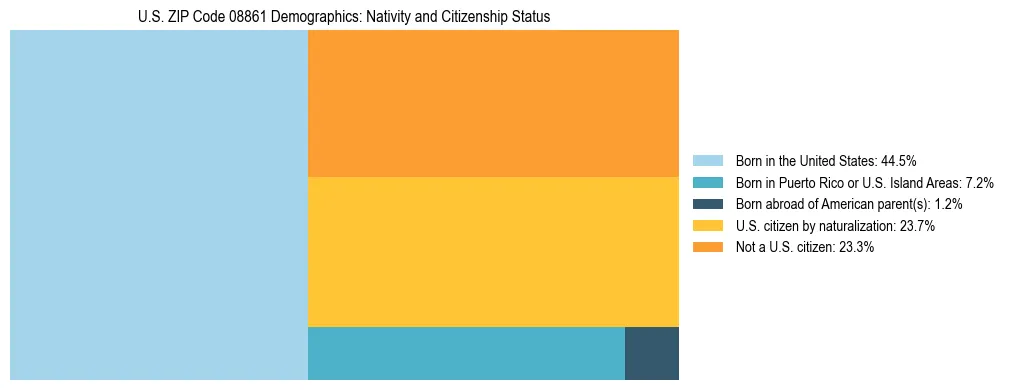 Treemap showing the population distribution by nativity and citizenship status in US ZIP Code 08861 based on U.S. Census data.