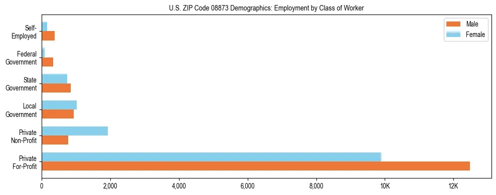 Horizontal bar chart showing employment distribution by class of worker and gender in US ZIP Code 08873, based on 2023 ACS data.