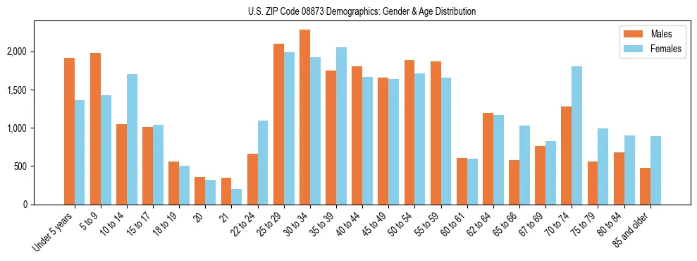 Bar chart showing the population distribution of US ZIP Code 08873 by age group and gender, based on 2023 ACS data.