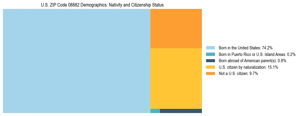 Treemap showing the population distribution by nativity and citizenship status in US ZIP Code 08882 based on U.S. Census data.